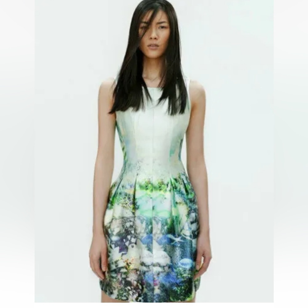 Zara blue green white fish print sleeveless dress size XS blogger favorite